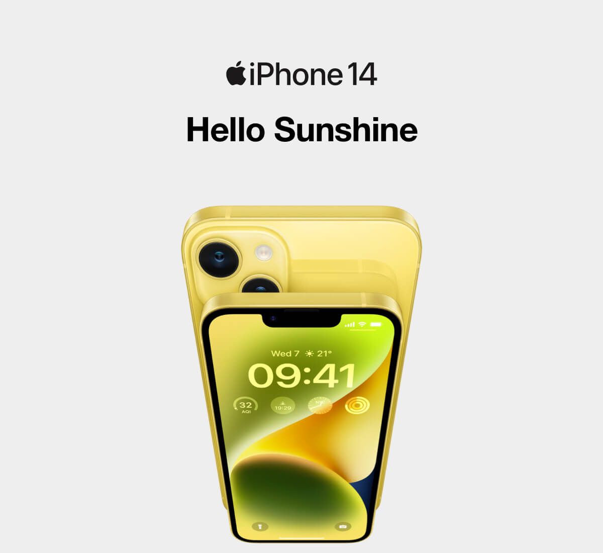 image of two iPhone 14s in yellow with text above saying ‘Hello sunshine’.