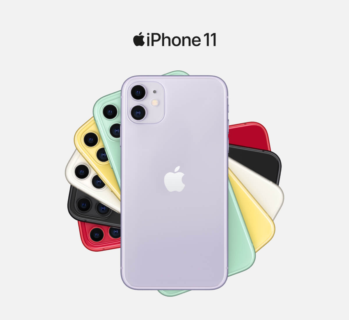 a spiral of 6 iPhone 11s in purple, green, yellow, white, black and red.