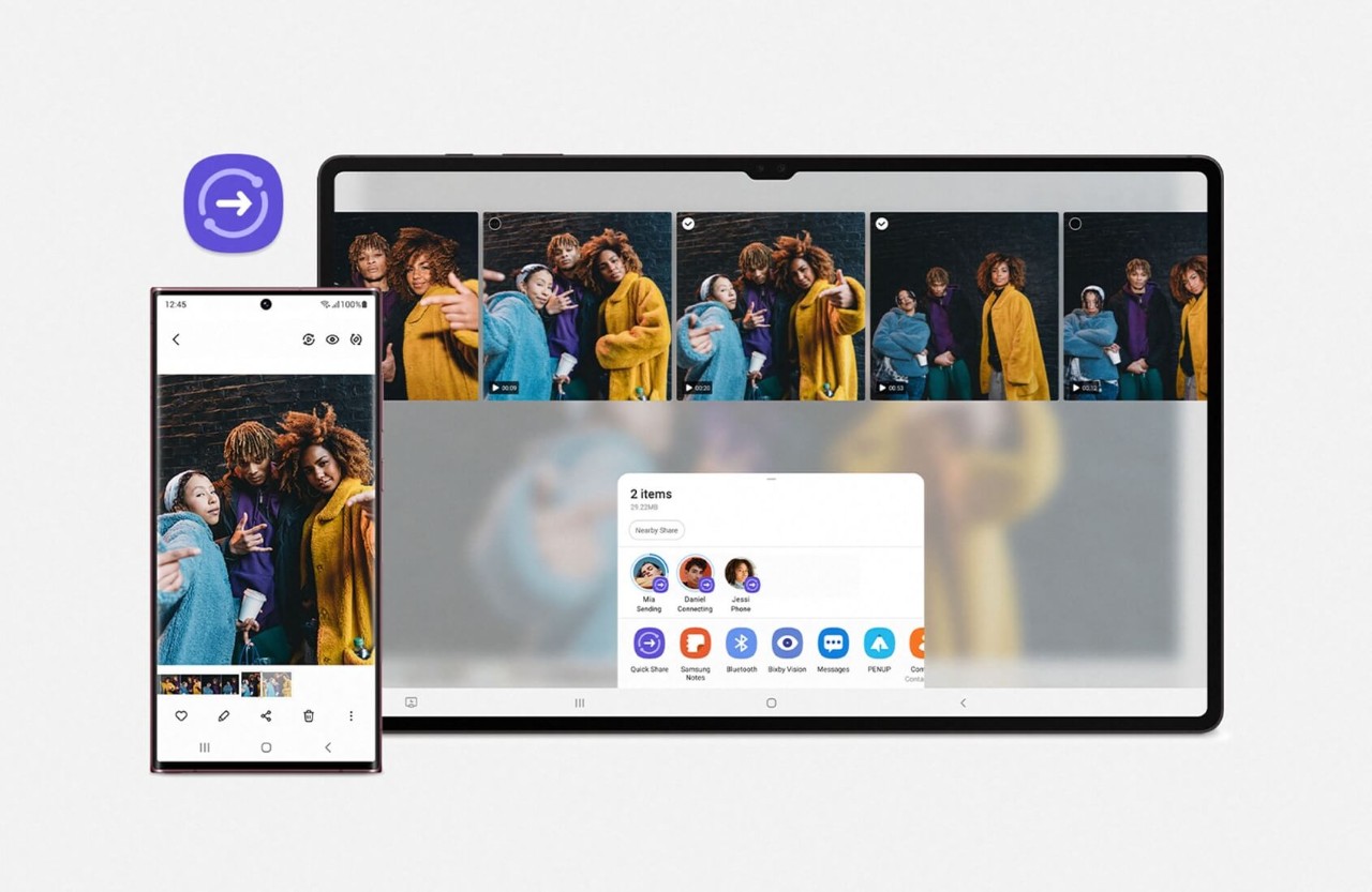 Samsung S23 Ultra and a Tablet both showing the same photo on screen, with the QuickShare app icon