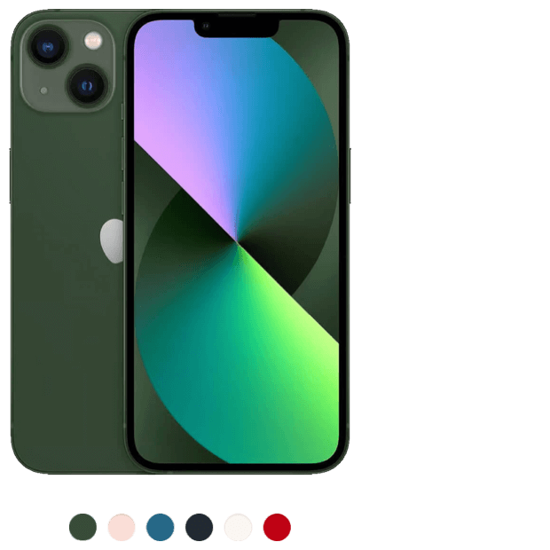 2 iPhone 13s in green, shown front and back.