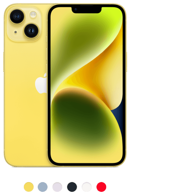 2 iPhone 14s in yellow, shown front and back